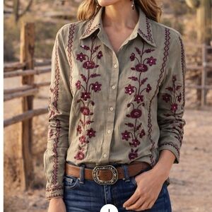GALITA Embroidered Beaded Boho Blouse Medium Olive Taupe Floral Button Front New
